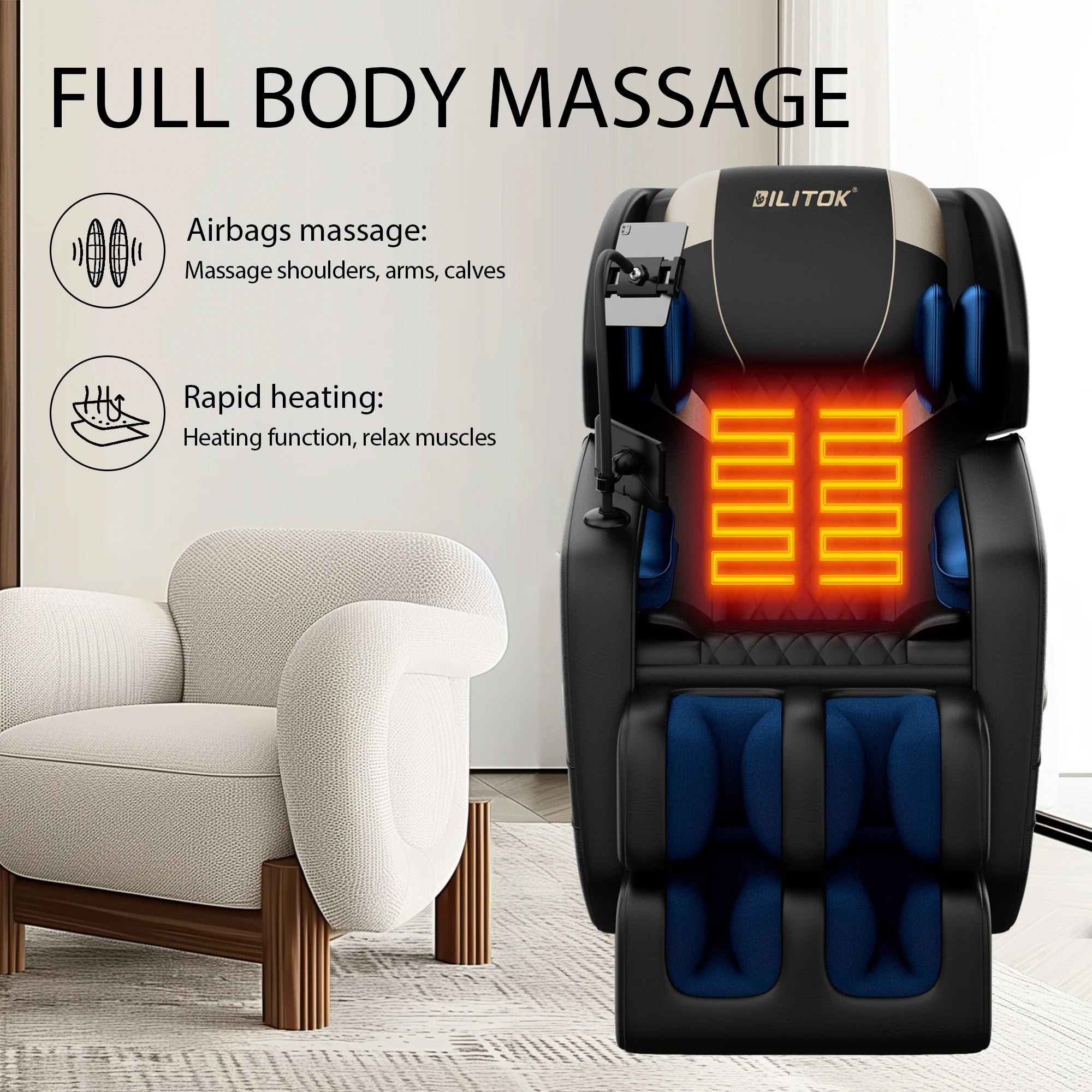 BILITOK Zero Gravity Reclining, heating, full-body air compression, 6 rollers& touchscreen