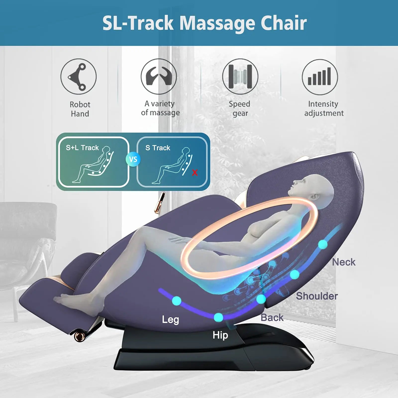 SL-Track Full Body Shiatsu Recliner with Yoga Stretching Foot Massage Roller